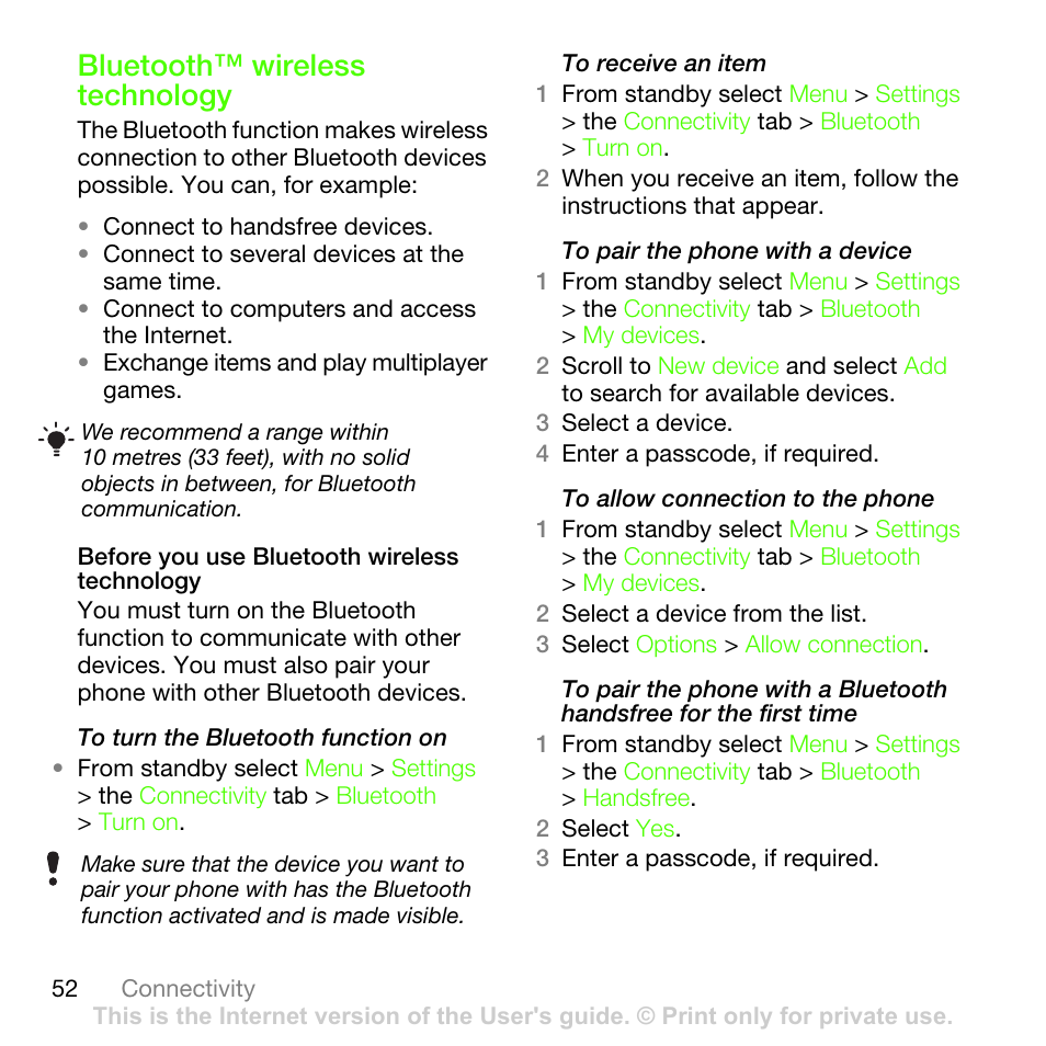 Bluetooth™ wireless technology | Sony Ericsson G502 User Manual | Page 52 / 83