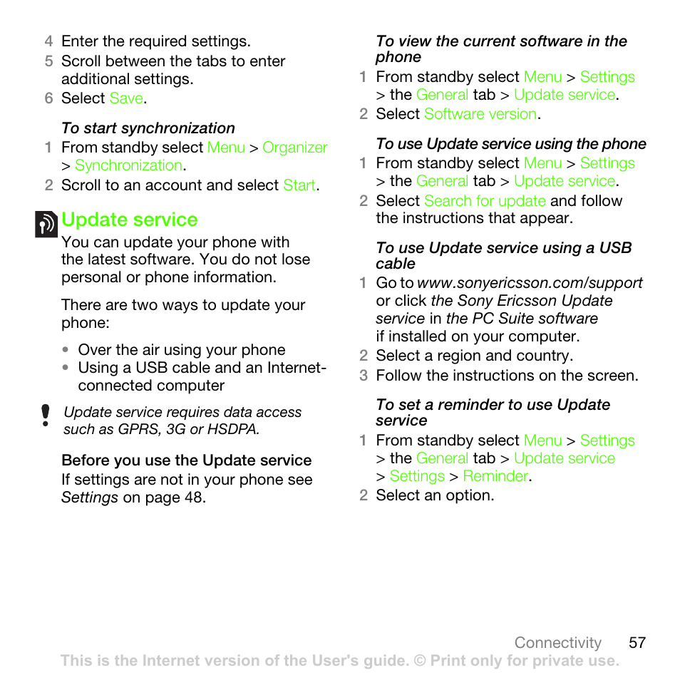 Update service | Sony Ericsson G502 User Manual | Page 57 / 83