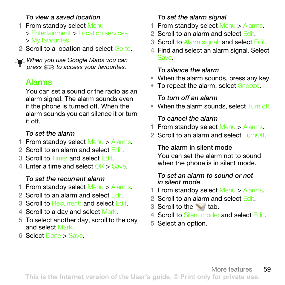 Alarms | Sony Ericsson G502 User Manual | Page 59 / 83