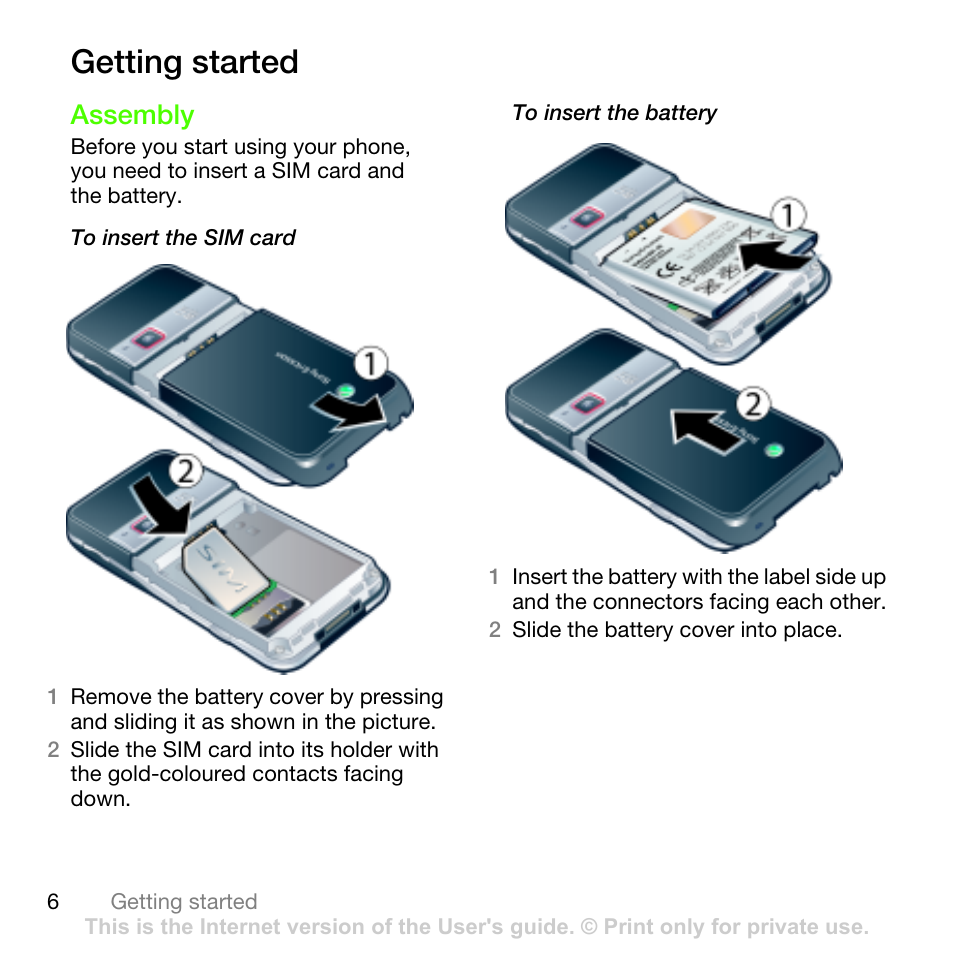 Getting started, Assembly | Sony Ericsson G502 User Manual | Page 6 / 83