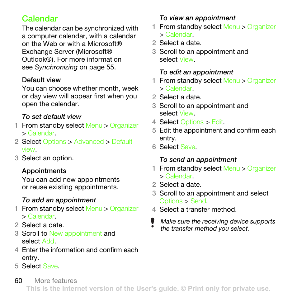 Calendar | Sony Ericsson G502 User Manual | Page 60 / 83