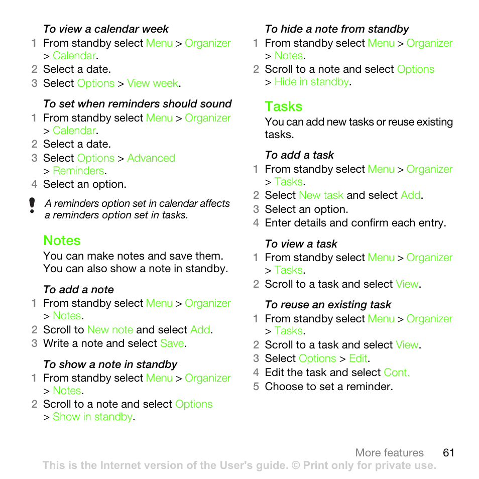 Notes, Tasks, Notes tasks | Sony Ericsson G502 User Manual | Page 61 / 83