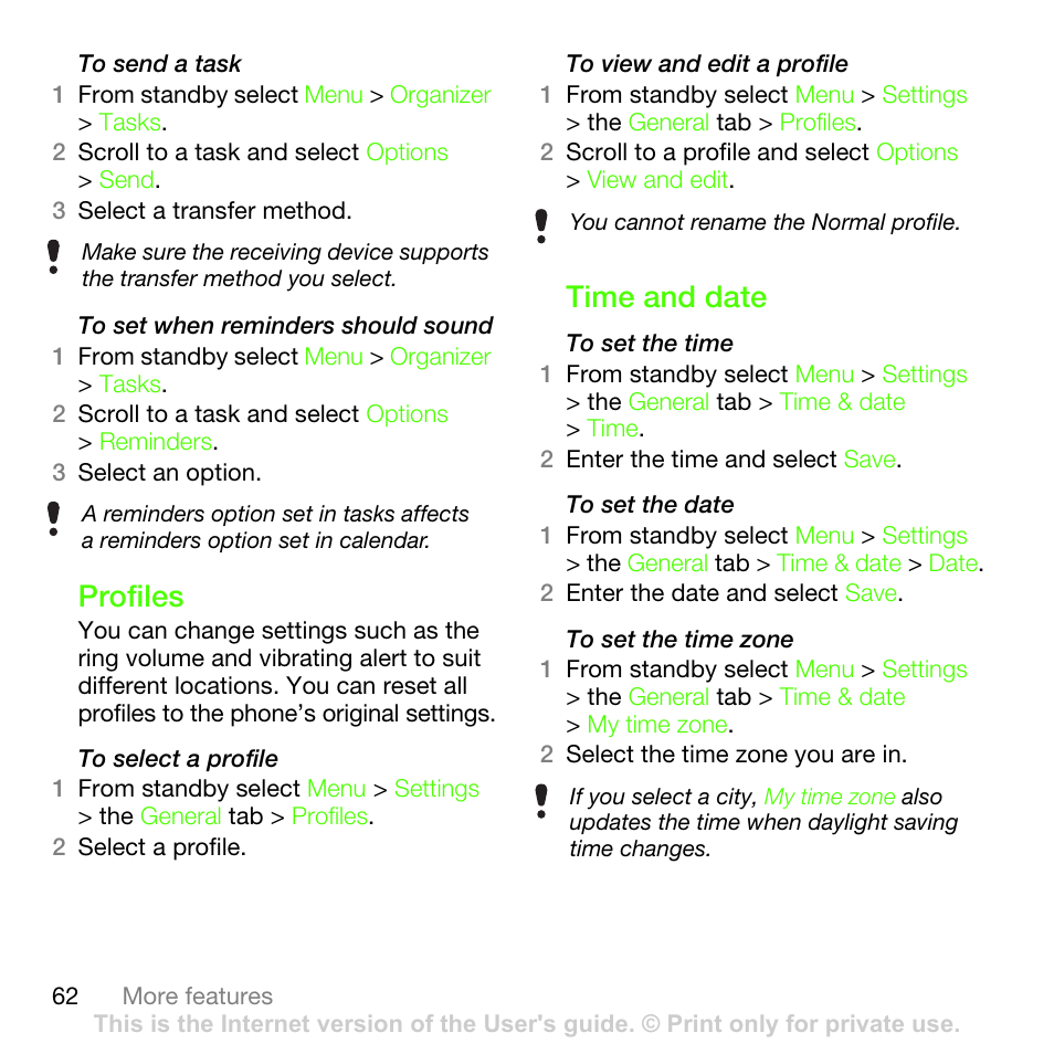Profiles, Time and date, Profiles time and date | Sony Ericsson G502 User Manual | Page 62 / 83
