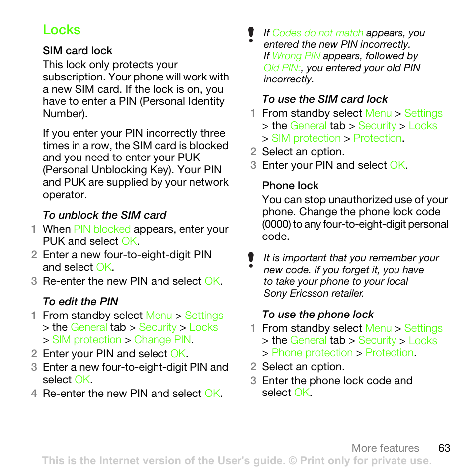 Locks | Sony Ericsson G502 User Manual | Page 63 / 83