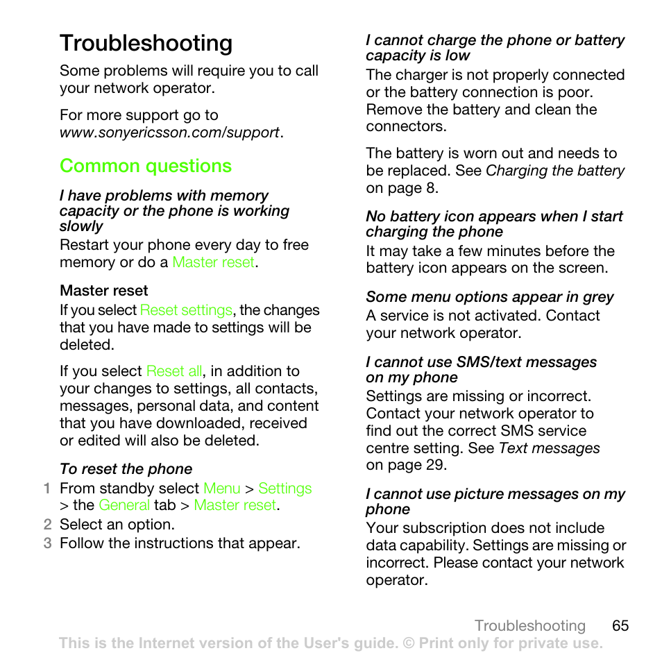 Troubleshooting, Common questions | Sony Ericsson G502 User Manual | Page 65 / 83