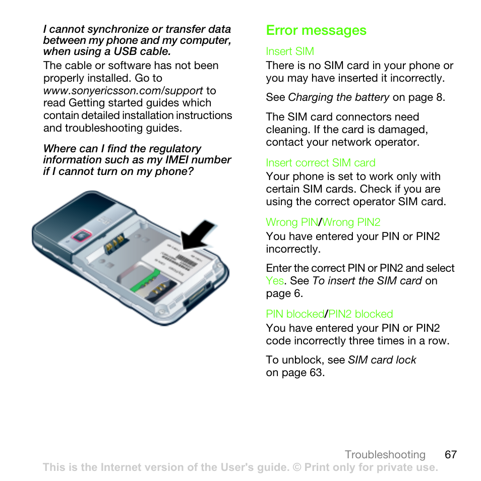 Error messages | Sony Ericsson G502 User Manual | Page 67 / 83