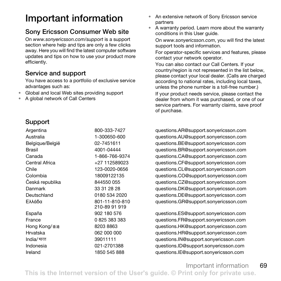 Important information, 69 important information, Sony ericsson consumer web site | Service and support, Support | Sony Ericsson G502 User Manual | Page 69 / 83