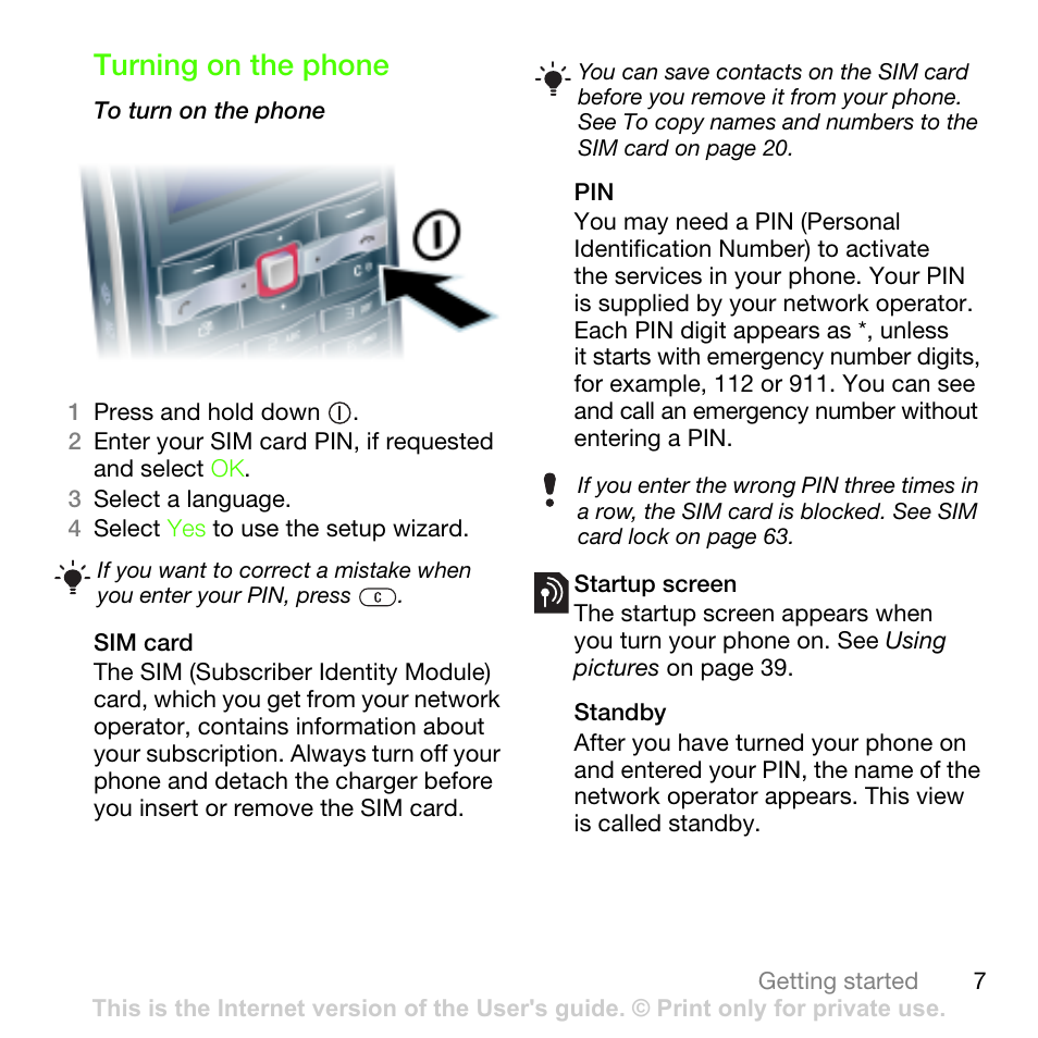 Turning on the phone | Sony Ericsson G502 User Manual | Page 7 / 83