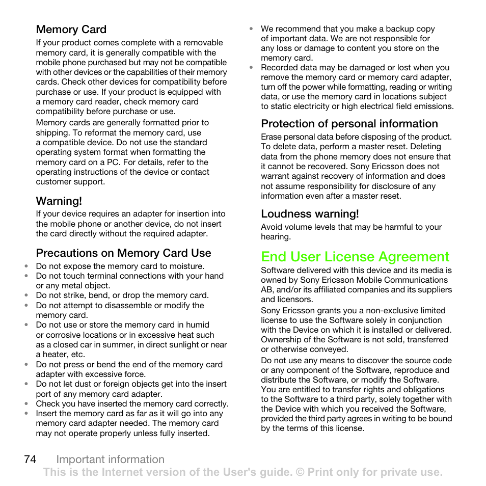 End user license agreement, Warning, Protection of personal information | Loudness warning | Sony Ericsson G502 User Manual | Page 74 / 83