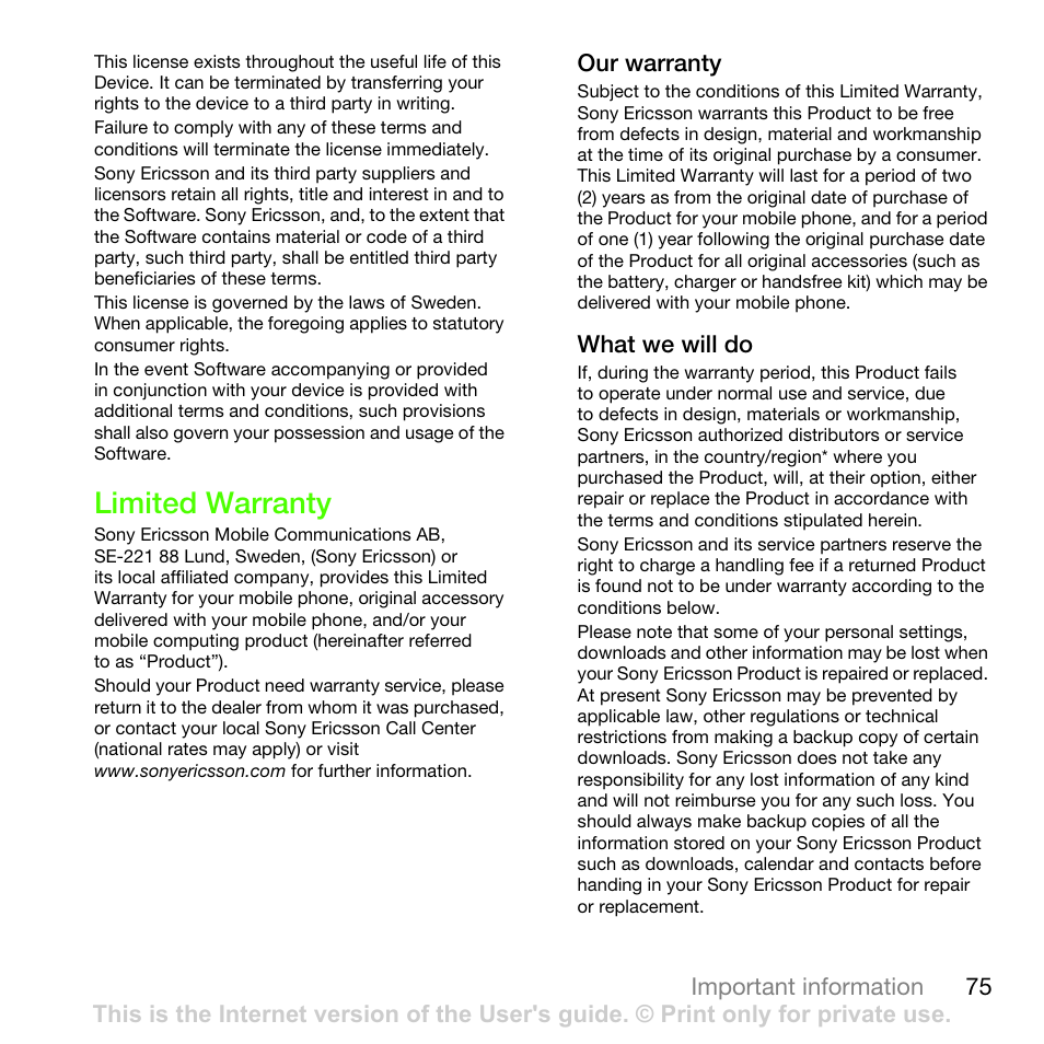 Limited warranty | Sony Ericsson G502 User Manual | Page 75 / 83