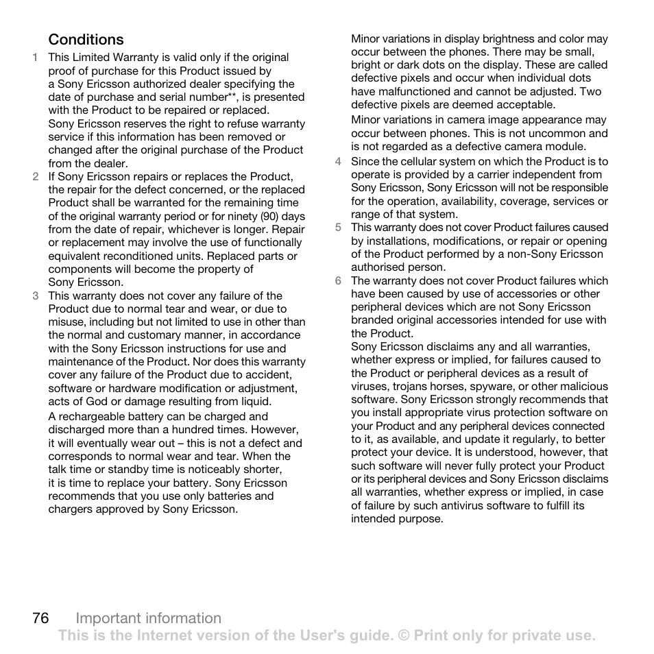 76 important information conditions | Sony Ericsson G502 User Manual | Page 76 / 83