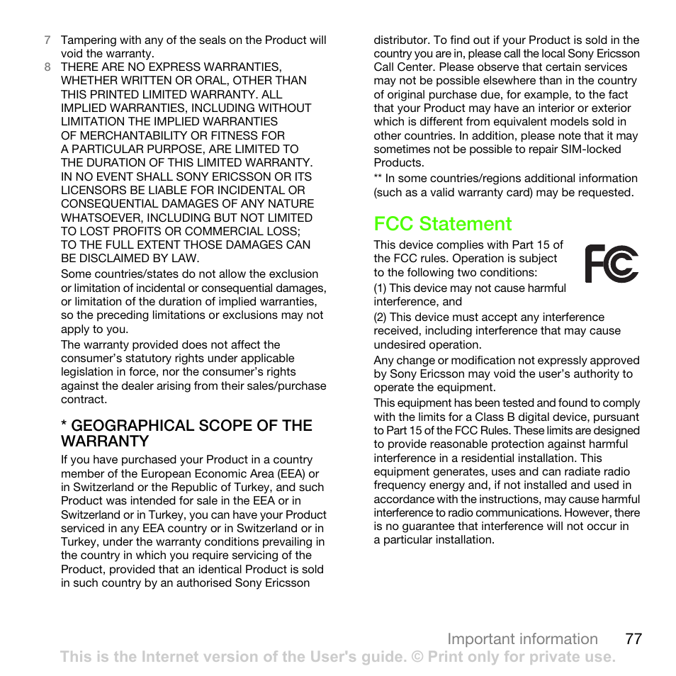 Fcc statement | Sony Ericsson G502 User Manual | Page 77 / 83
