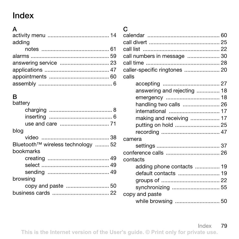 Index | Sony Ericsson G502 User Manual | Page 79 / 83