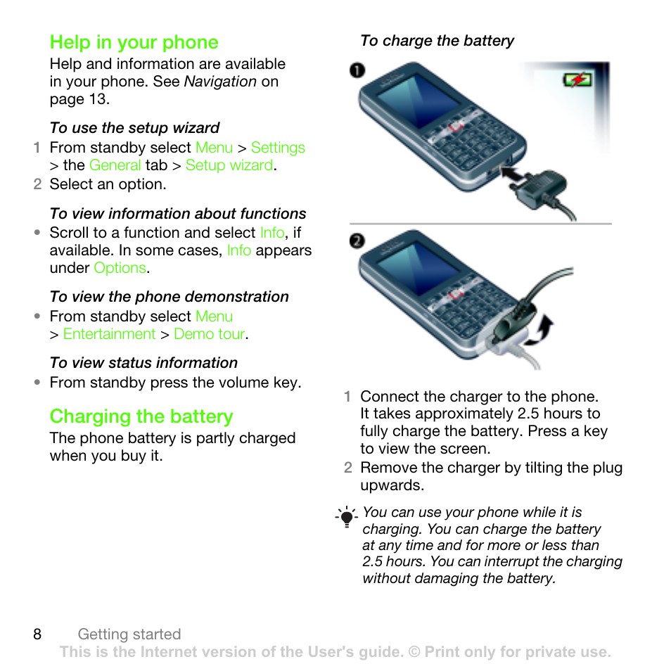 Help in your phone, Charging the battery, Help in your phone charging the battery | Sony Ericsson G502 User Manual | Page 8 / 83