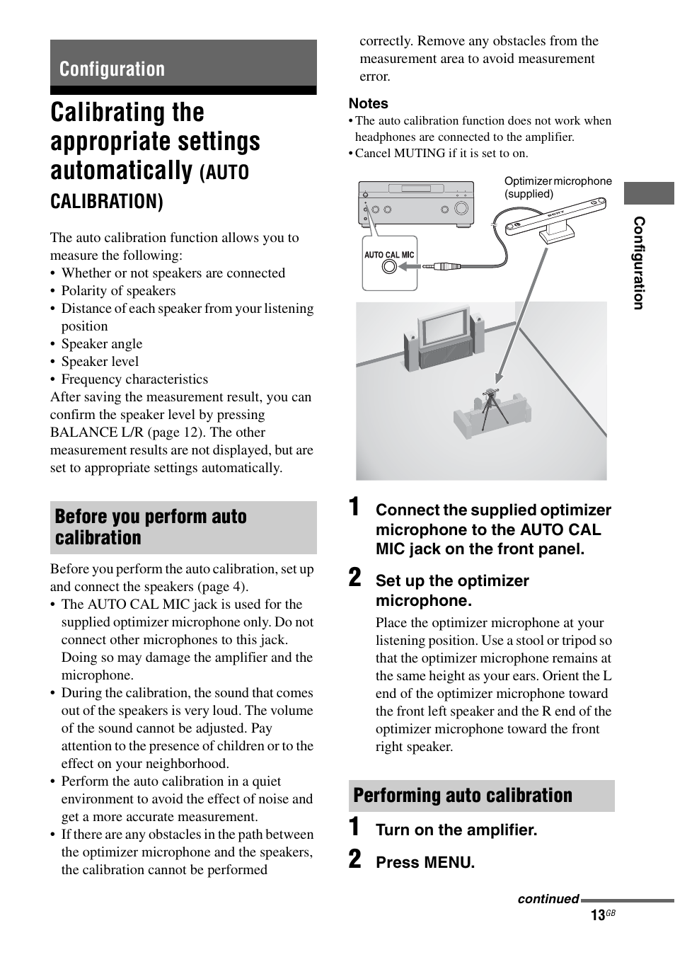 Configuration, Calibrating the appropriate settings, Automatically (auto calibration) | Calibrating the appropriate settings automatically, Auto calibration) | Sony Ericsson TA-FA1200ES User Manual | Page 13 / 91