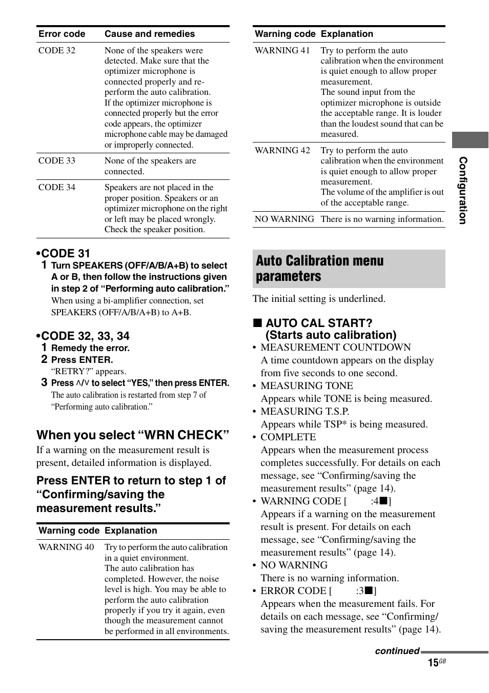 When you select “wrn check, E 15), Auto calibration menu parameters | Sony Ericsson TA-FA1200ES User Manual | Page 15 / 91