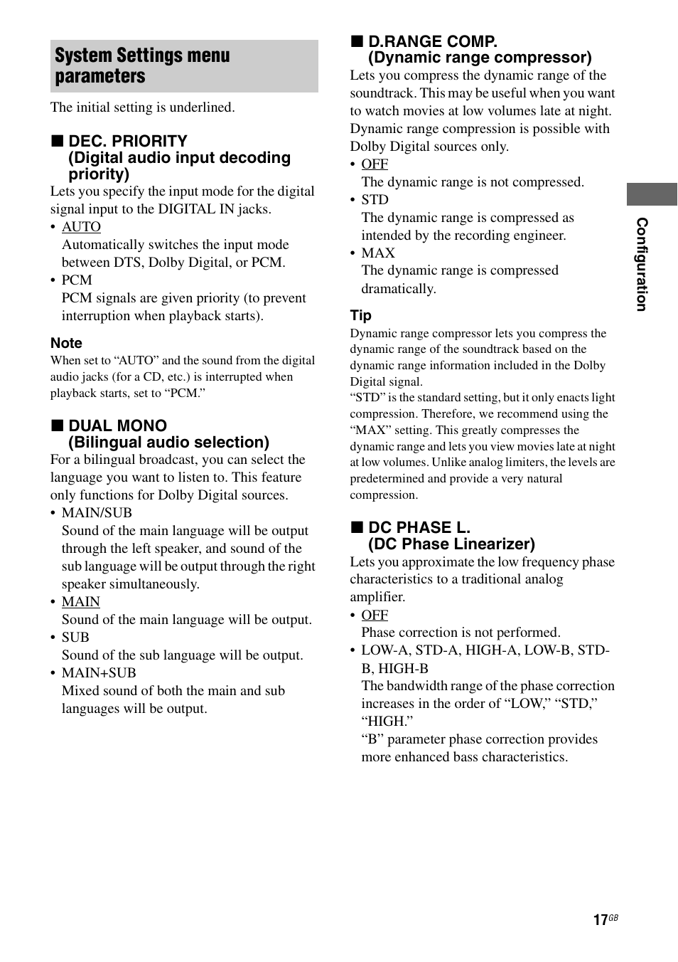 System settings menu parameters | Sony Ericsson TA-FA1200ES User Manual | Page 17 / 91