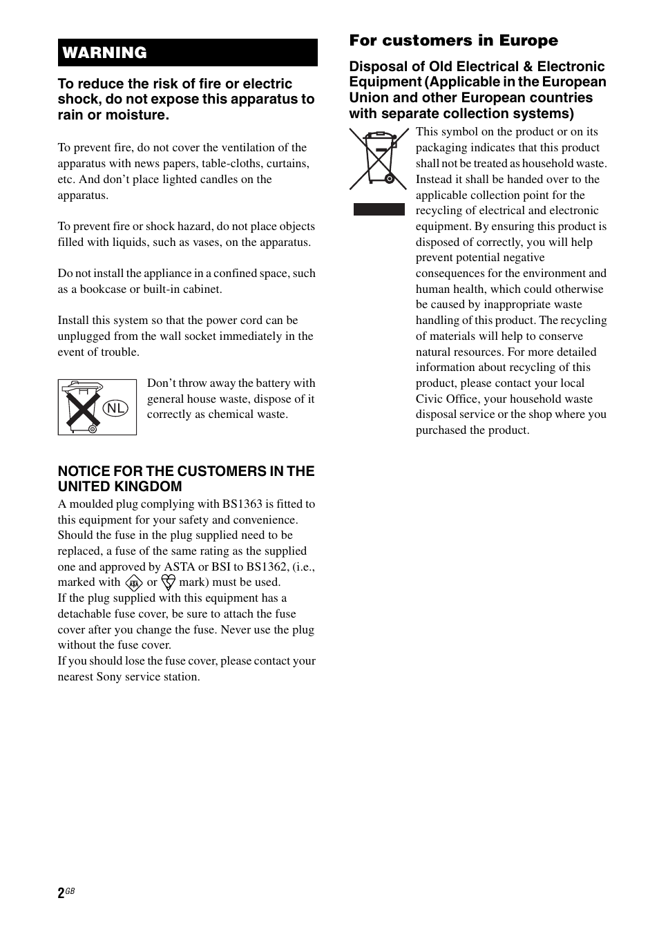 For customers in europe, Warning | Sony Ericsson TA-FA1200ES User Manual | Page 2 / 91