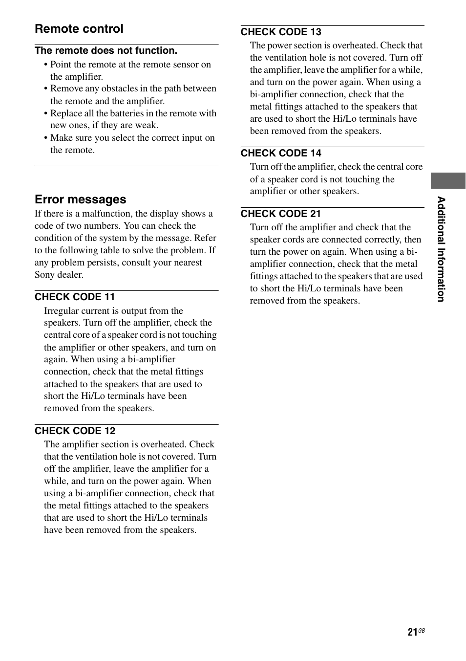 Remote control, Error messages | Sony Ericsson TA-FA1200ES User Manual | Page 21 / 91