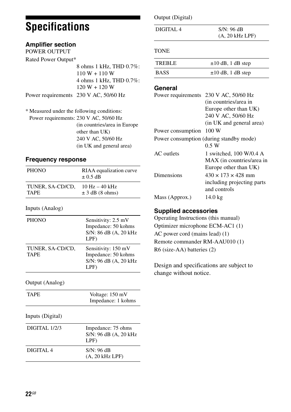 Specifications | Sony Ericsson TA-FA1200ES User Manual | Page 22 / 91