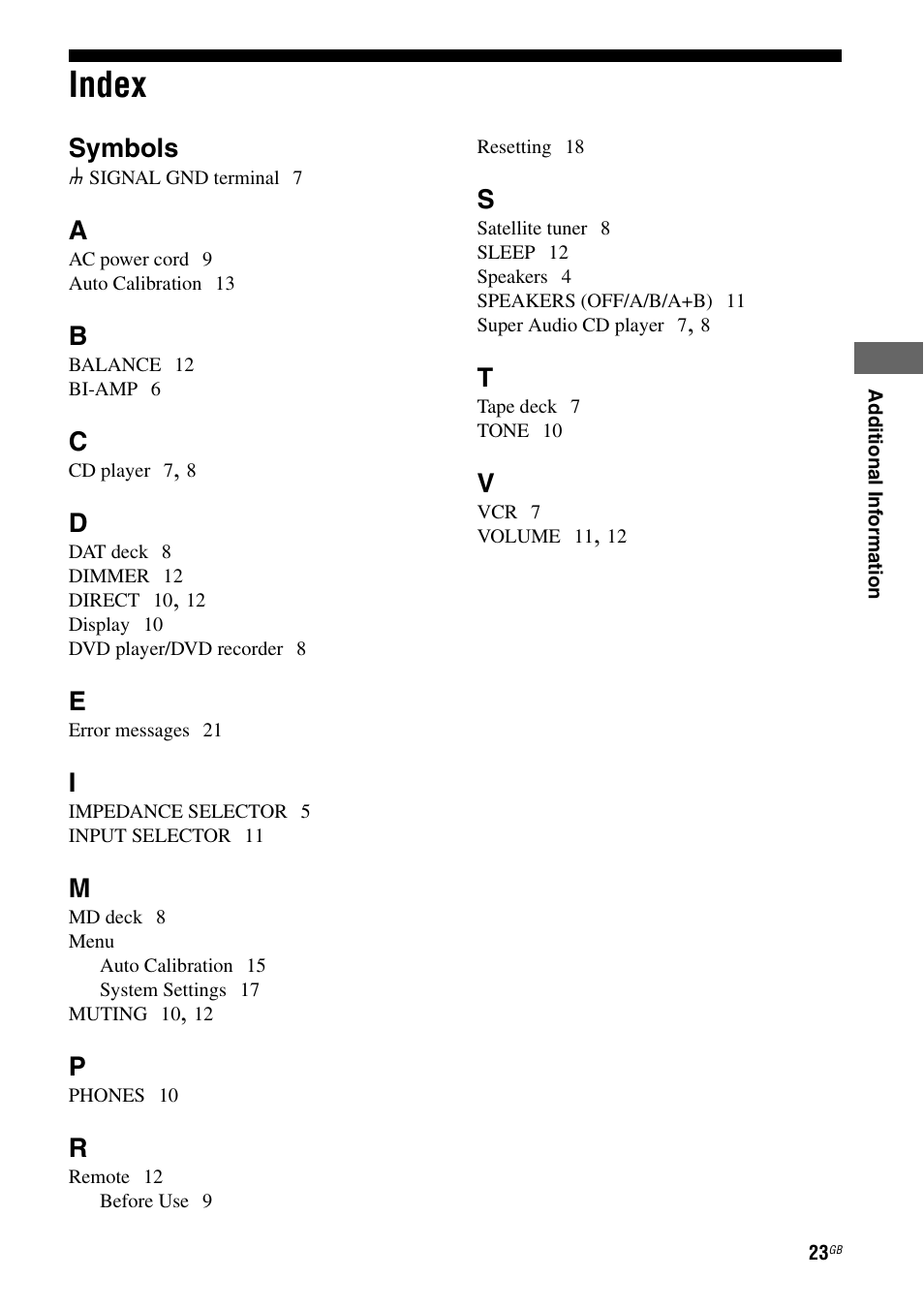 Index, Symbols | Sony Ericsson TA-FA1200ES User Manual | Page 23 / 91