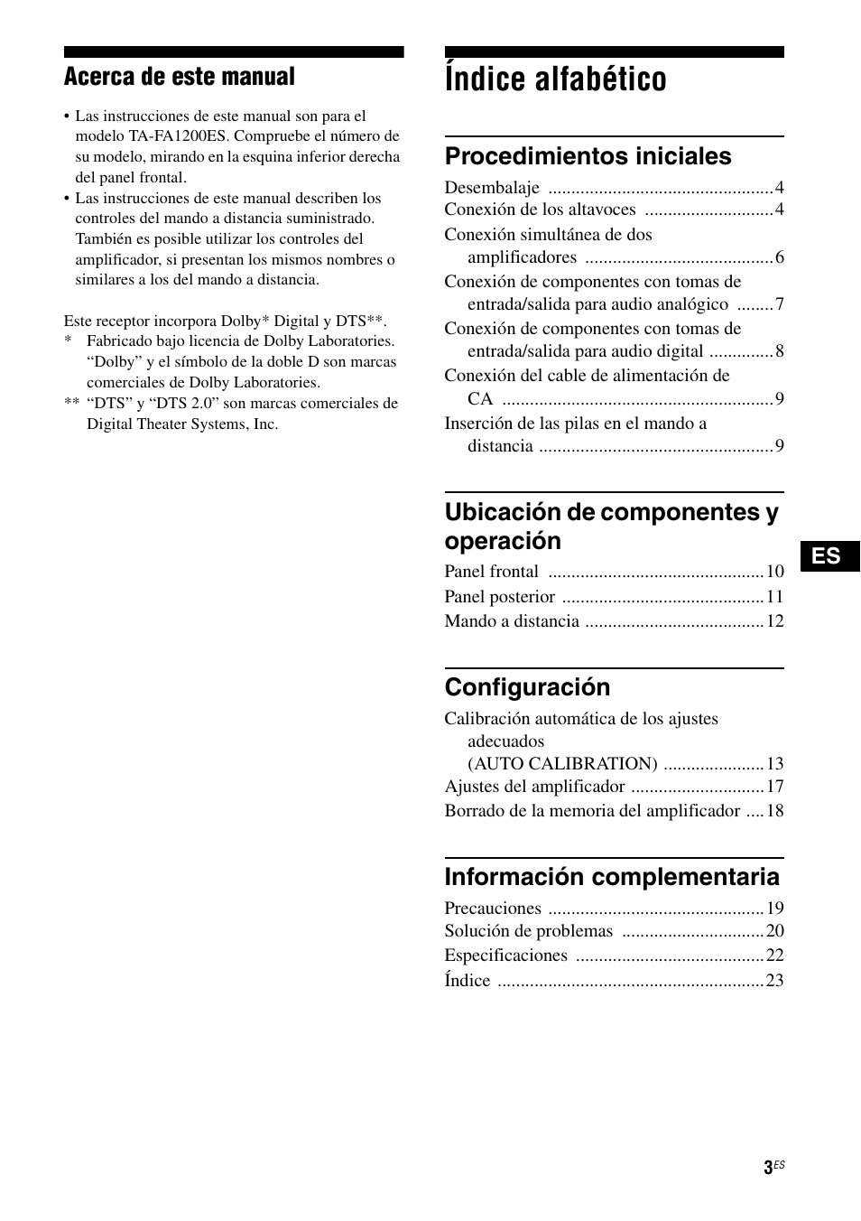 Índice alfabético, Acerca de este manual, Procedimientos iniciales | Ubicación de componentes y operación, Configuración, Información complementaria | Sony Ericsson TA-FA1200ES User Manual | Page 25 / 91