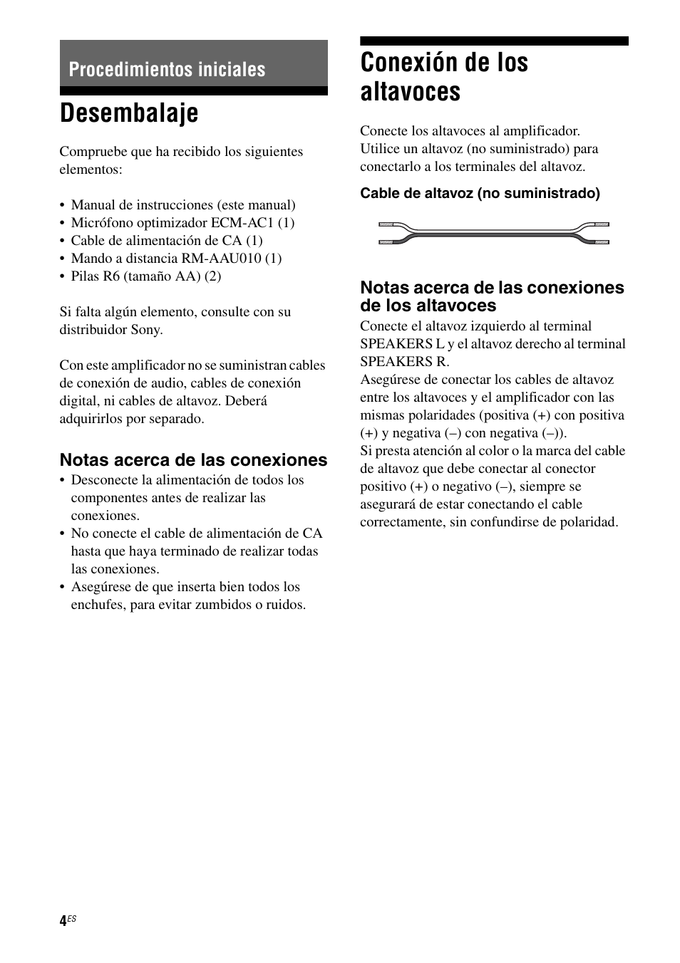 Procedimientos iniciales, Desembalaje, Conexión de los altavoces | Desembalaje conexión de los altavoces | Sony Ericsson TA-FA1200ES User Manual | Page 26 / 91