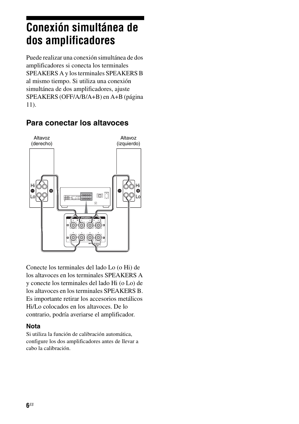 Conexión simultánea de dos amplificadores, Conexión simultánea de dos, Amplificadores | Para conectar los altavoces | Sony Ericsson TA-FA1200ES User Manual | Page 28 / 91