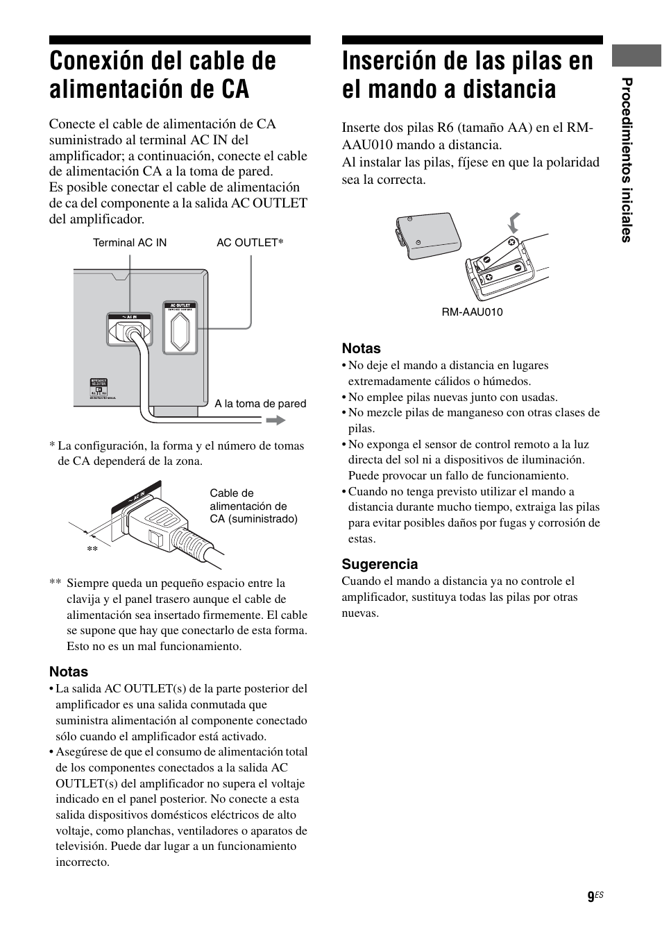 Conexión del cable de alimentación de ca, Inserción de las pilas en el mando a distancia, Conexión del cable de alimentación de | Inserción de las pilas en el mando a, Distancia | Sony Ericsson TA-FA1200ES User Manual | Page 31 / 91