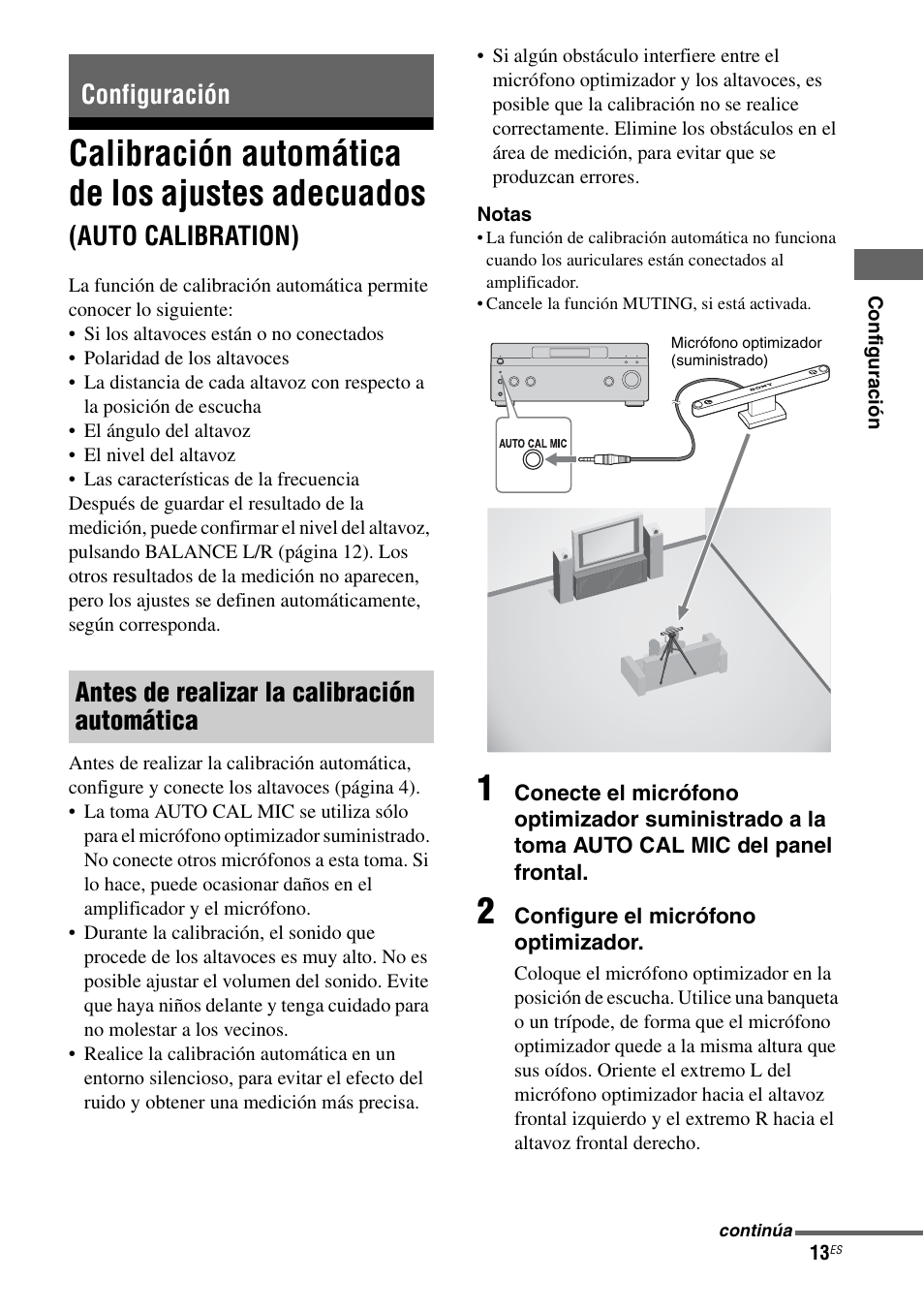 Configuración, Calibración automática de los ajustes, Adecuados (auto calibration) | Calibración automática de los ajustes adecuados, Auto calibration) | Sony Ericsson TA-FA1200ES User Manual | Page 35 / 91