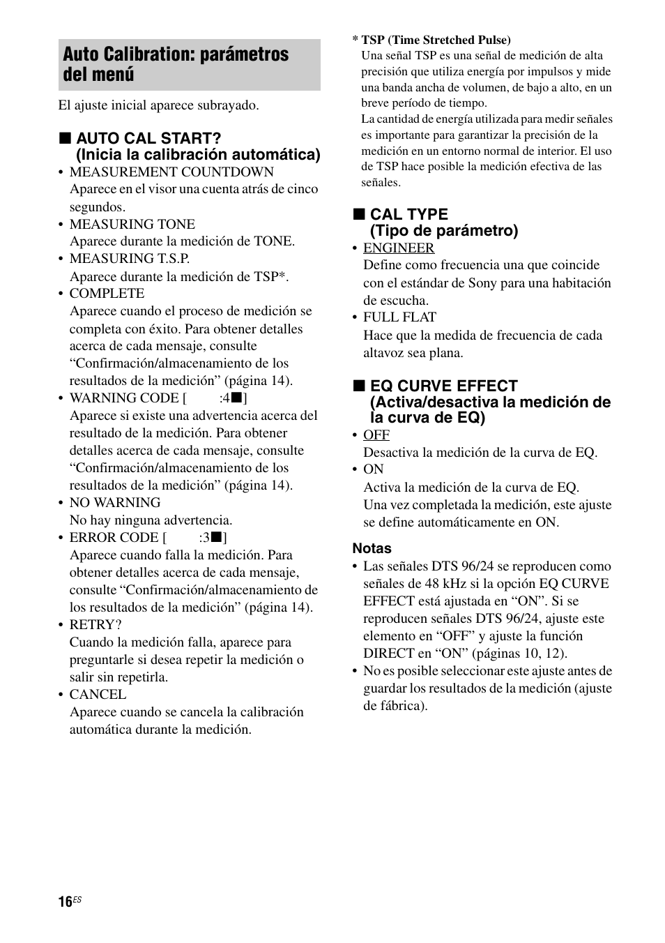 Auto calibration: parámetros del menú | Sony Ericsson TA-FA1200ES User Manual | Page 38 / 91