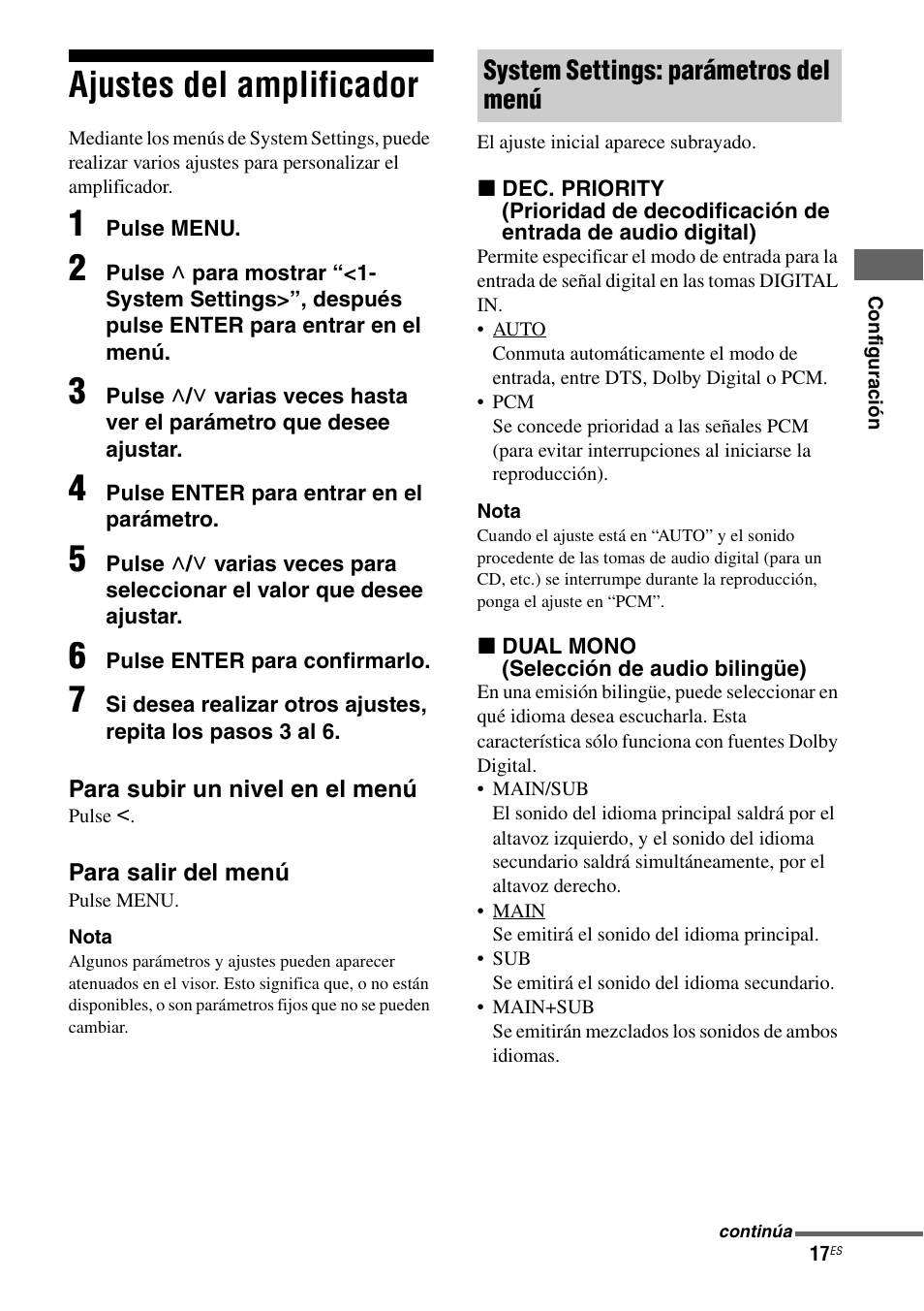 Ajustes del amplificador, System settings: parámetros del menú | Sony Ericsson TA-FA1200ES User Manual | Page 39 / 91