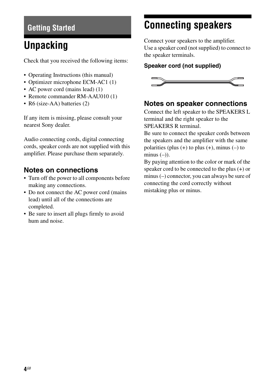 Getting started, Unpacking, Connecting speakers | Unpacking connecting speakers | Sony Ericsson TA-FA1200ES User Manual | Page 4 / 91