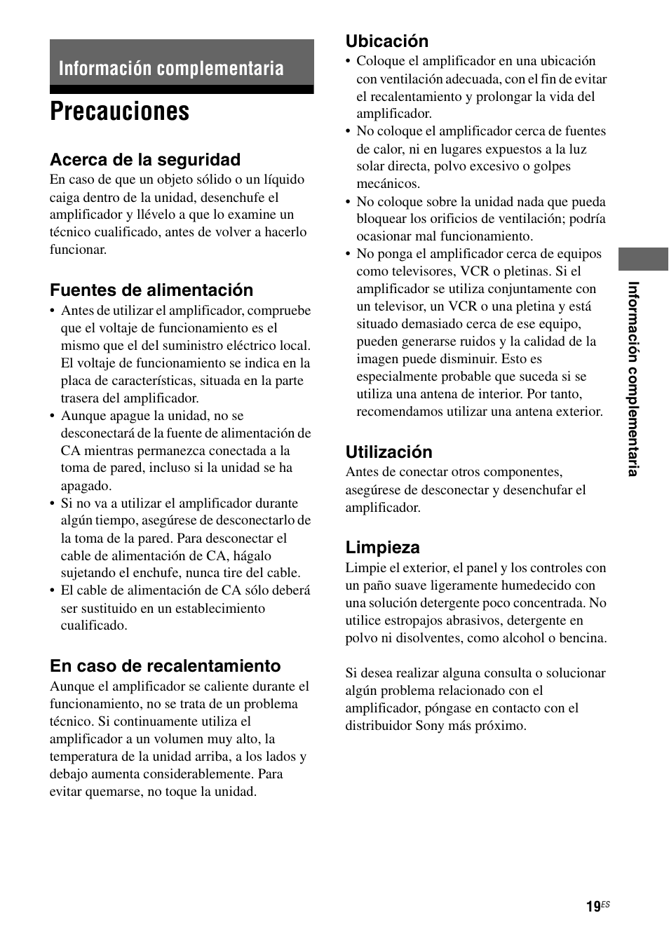 Información complementaria, Precauciones | Sony Ericsson TA-FA1200ES User Manual | Page 41 / 91