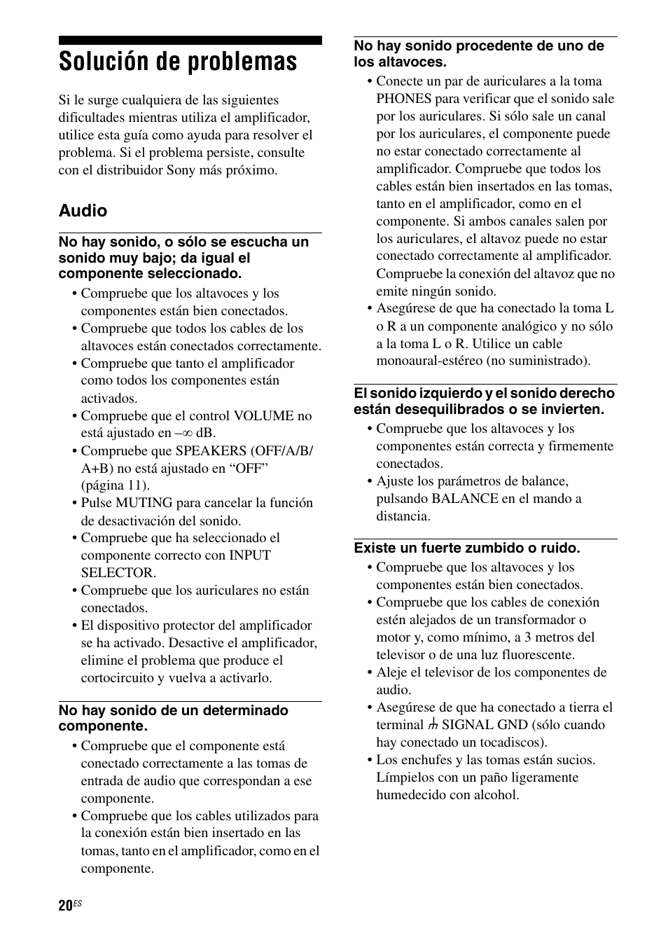 Solución de problemas, Audio | Sony Ericsson TA-FA1200ES User Manual | Page 42 / 91