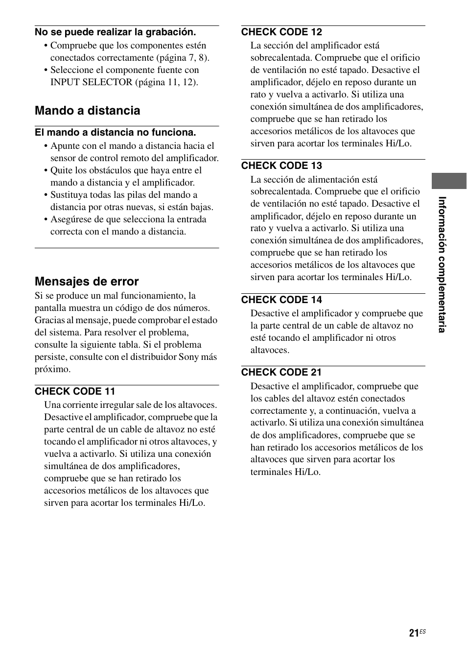 Mando a distancia, Mensajes de error | Sony Ericsson TA-FA1200ES User Manual | Page 43 / 91