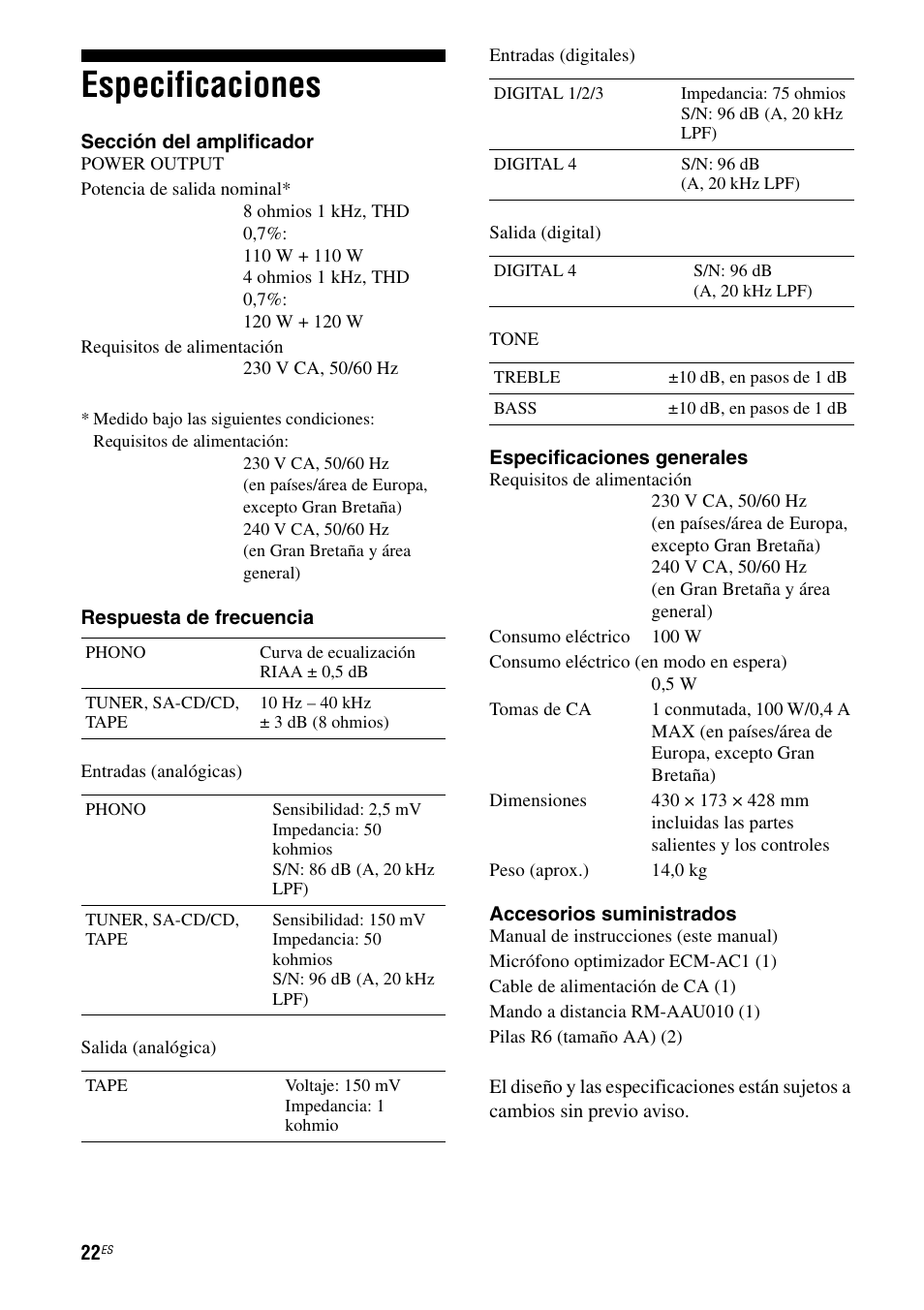 Especificaciones | Sony Ericsson TA-FA1200ES User Manual | Page 44 / 91