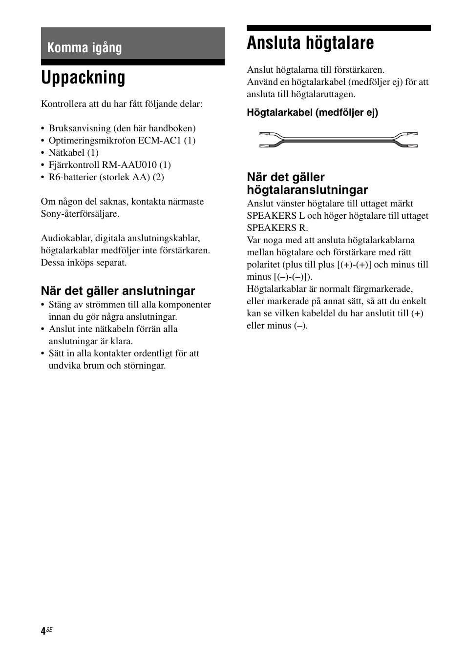 Komma igång, Uppackning, Ansluta högtalare | Uppackning ansluta högtalare | Sony Ericsson TA-FA1200ES User Manual | Page 48 / 91