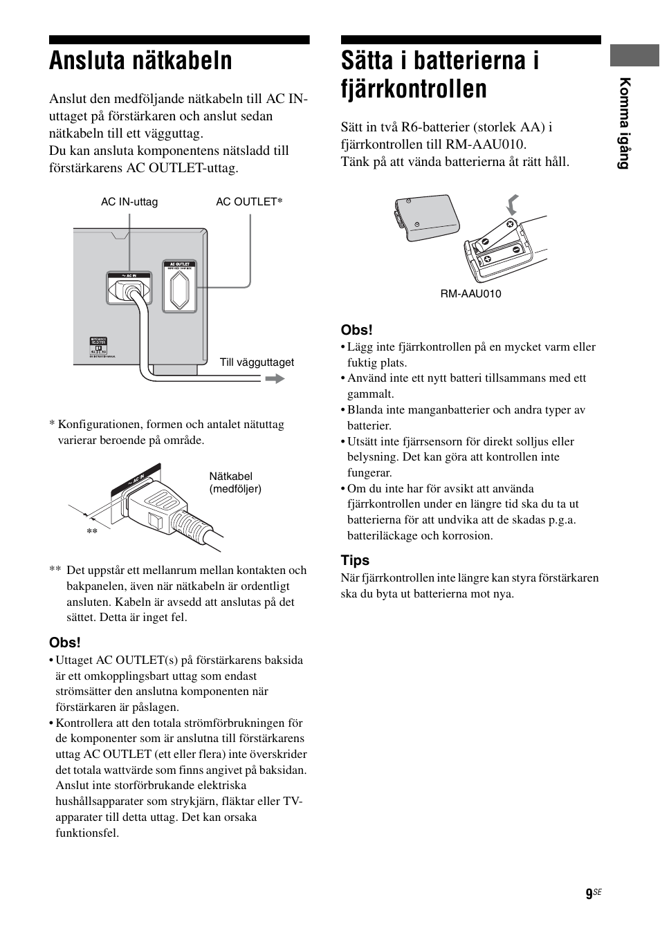 Ansluta nätkabeln, Sätta i batterierna i fjärrkontrollen | Sony Ericsson TA-FA1200ES User Manual | Page 53 / 91