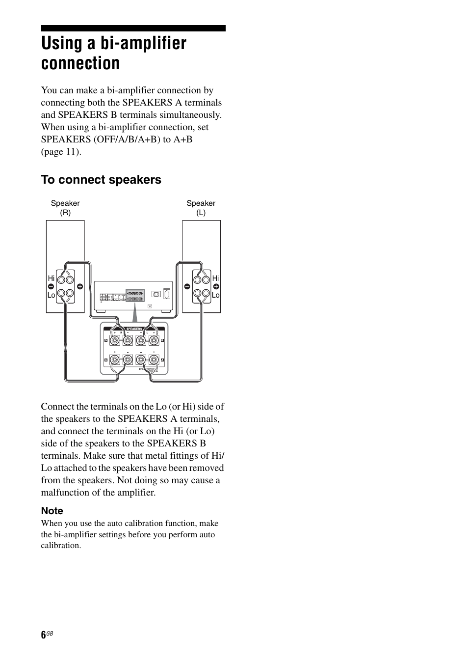Using a bi-amplifier connection | Sony Ericsson TA-FA1200ES User Manual | Page 6 / 91