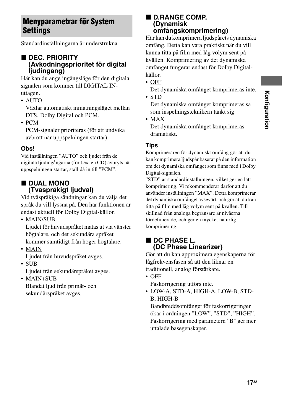 Menyparametrar för system settings | Sony Ericsson TA-FA1200ES User Manual | Page 61 / 91