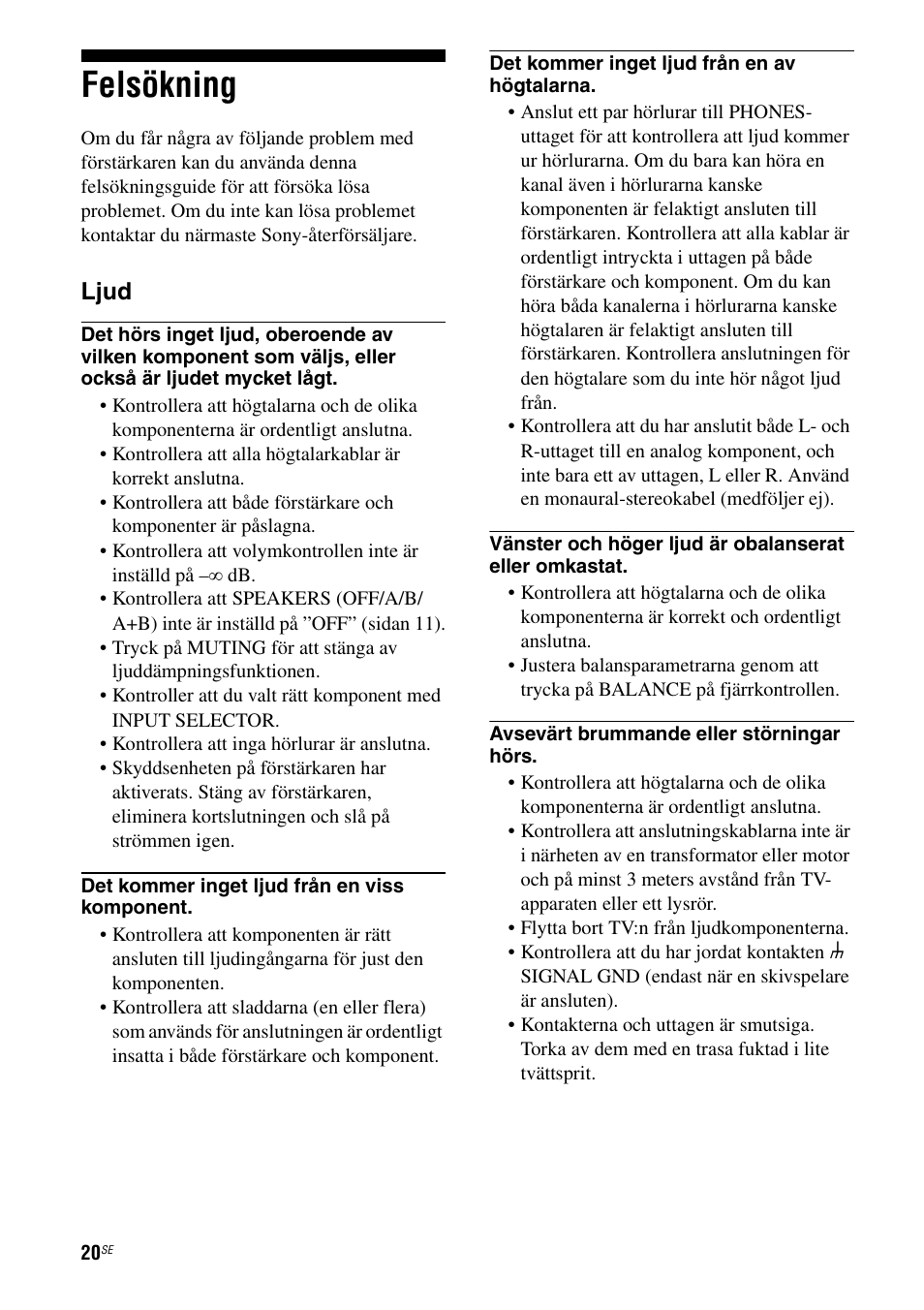 Felsökning, Ljud | Sony Ericsson TA-FA1200ES User Manual | Page 64 / 91