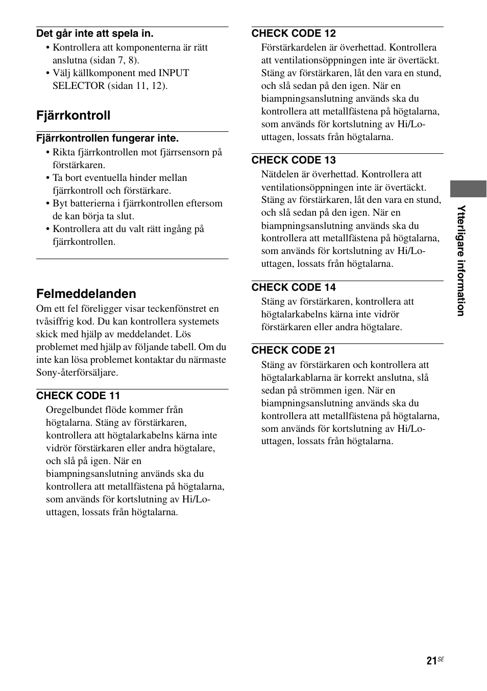 Fjärrkontroll, Felmeddelanden | Sony Ericsson TA-FA1200ES User Manual | Page 65 / 91