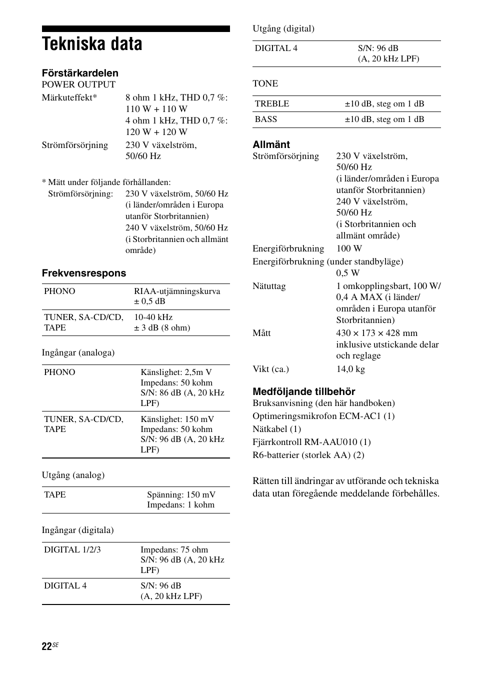 Tekniska data | Sony Ericsson TA-FA1200ES User Manual | Page 66 / 91