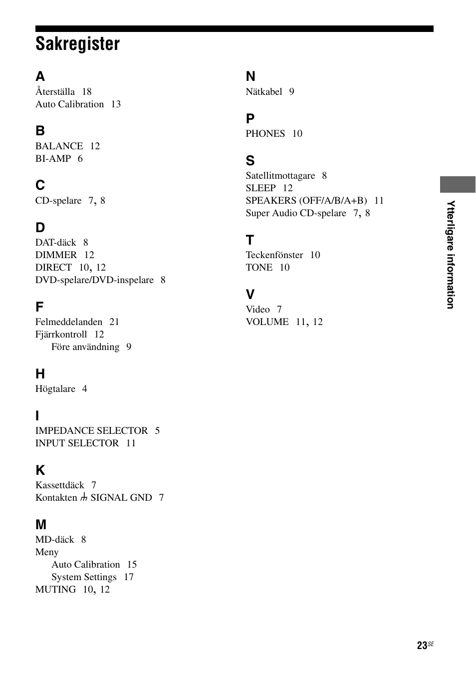 Sakregister | Sony Ericsson TA-FA1200ES User Manual | Page 67 / 91