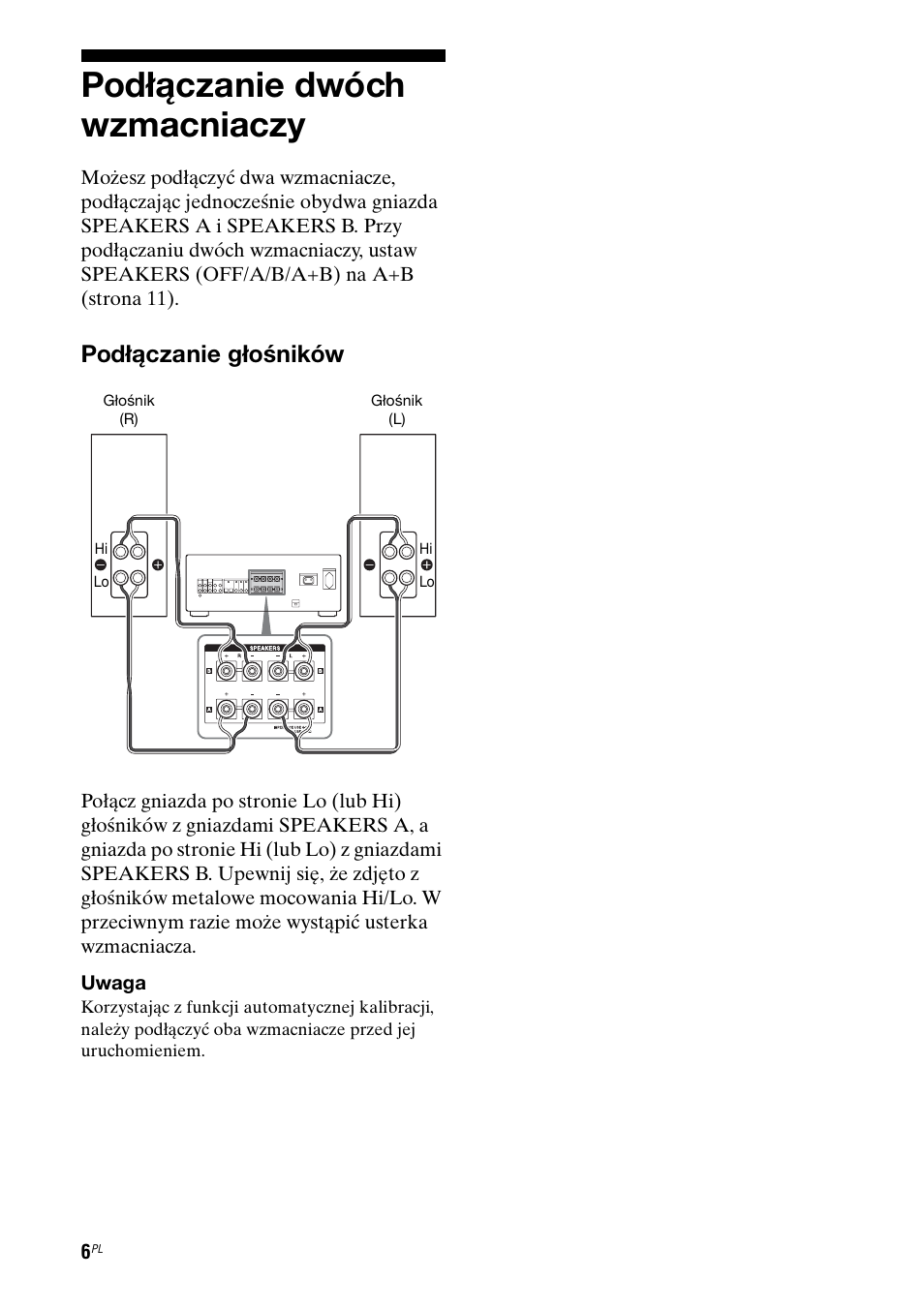 Podłączanie dwóch wzmacniaczy, Podłączanie głośników | Sony Ericsson TA-FA1200ES User Manual | Page 72 / 91