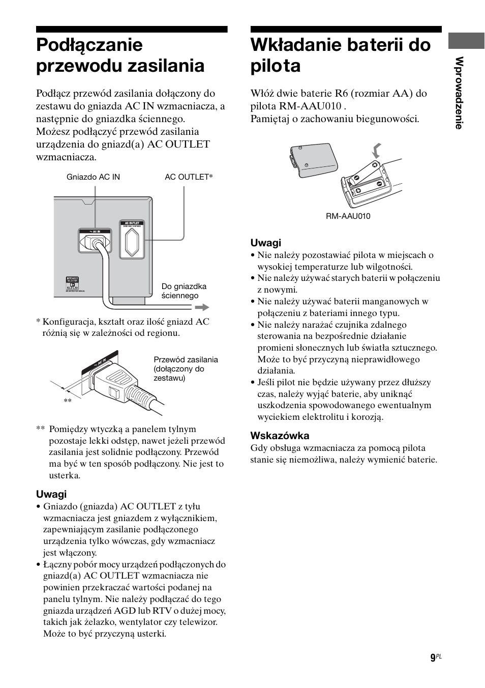 Podłączanie przewodu zasilania, Wkładanie baterii do pilota | Sony Ericsson TA-FA1200ES User Manual | Page 75 / 91