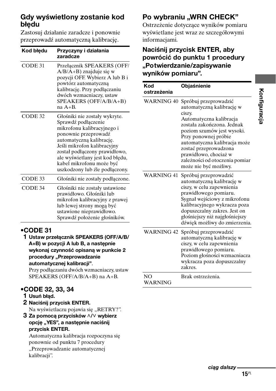 Gdy wyświetlony zostanie kod błędu, Po wybraniu „wrn check, Code 31 1 | Sony Ericsson TA-FA1200ES User Manual | Page 81 / 91