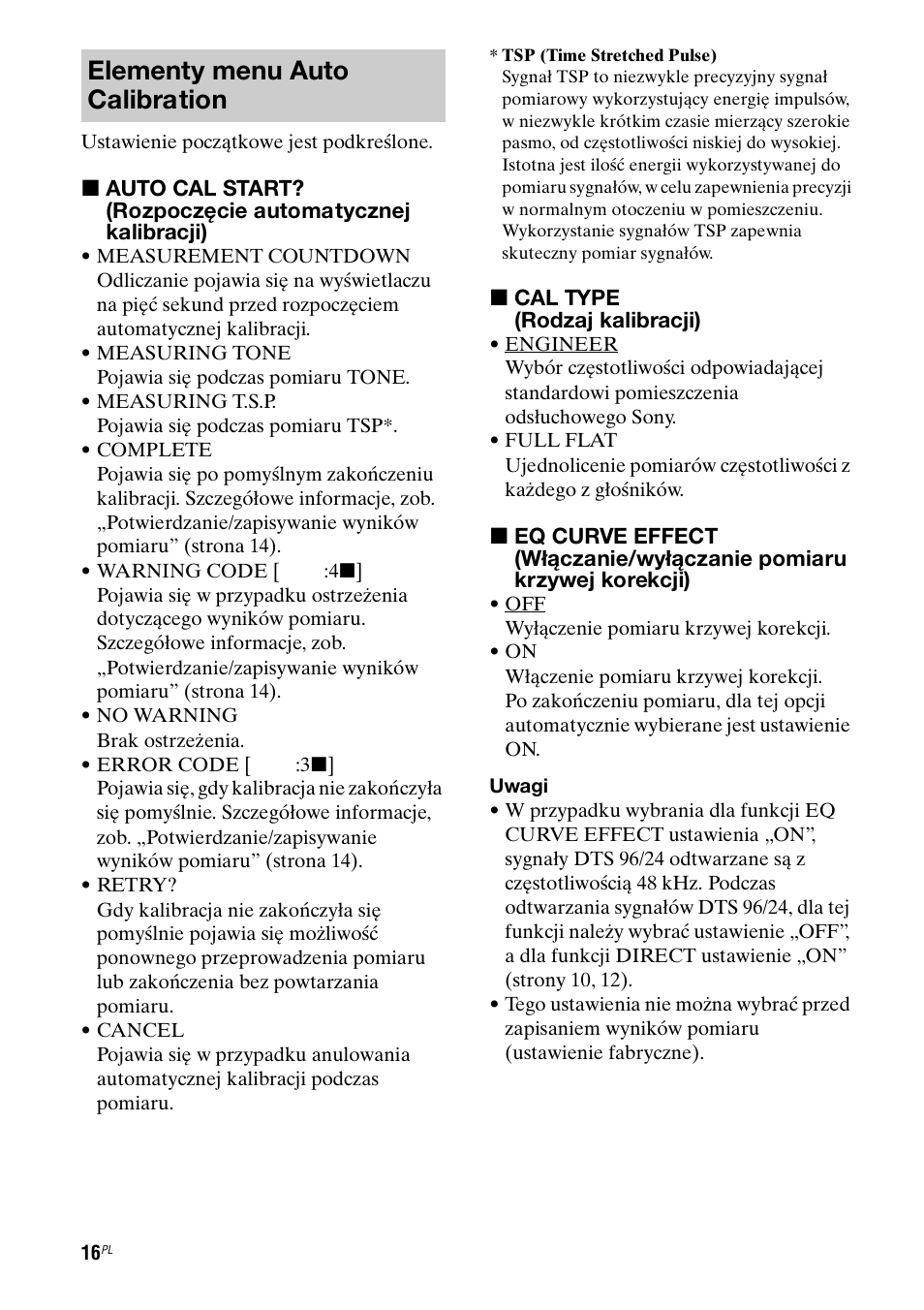 Elementy menu auto calibration | Sony Ericsson TA-FA1200ES User Manual | Page 82 / 91