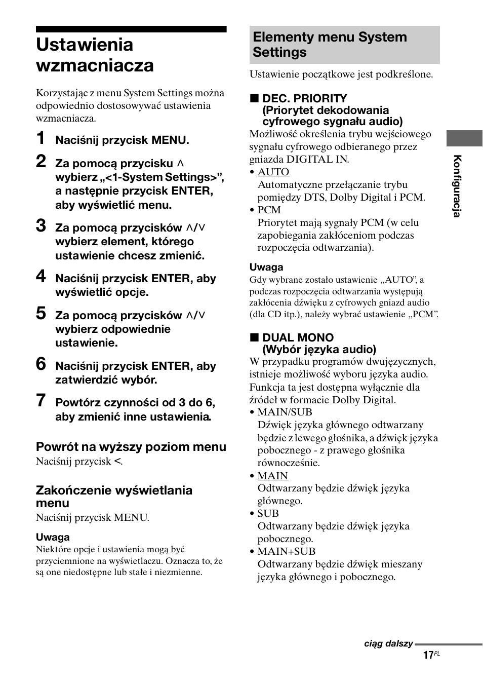 Ustawienia wzmacniacza, Elementy menu system settings | Sony Ericsson TA-FA1200ES User Manual | Page 83 / 91